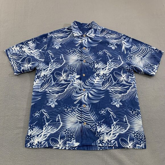 Tommy Bahama Shirt Mens Large Blue White Silk Floral Hawaiian Button Up Camp - Picture 1 of 13